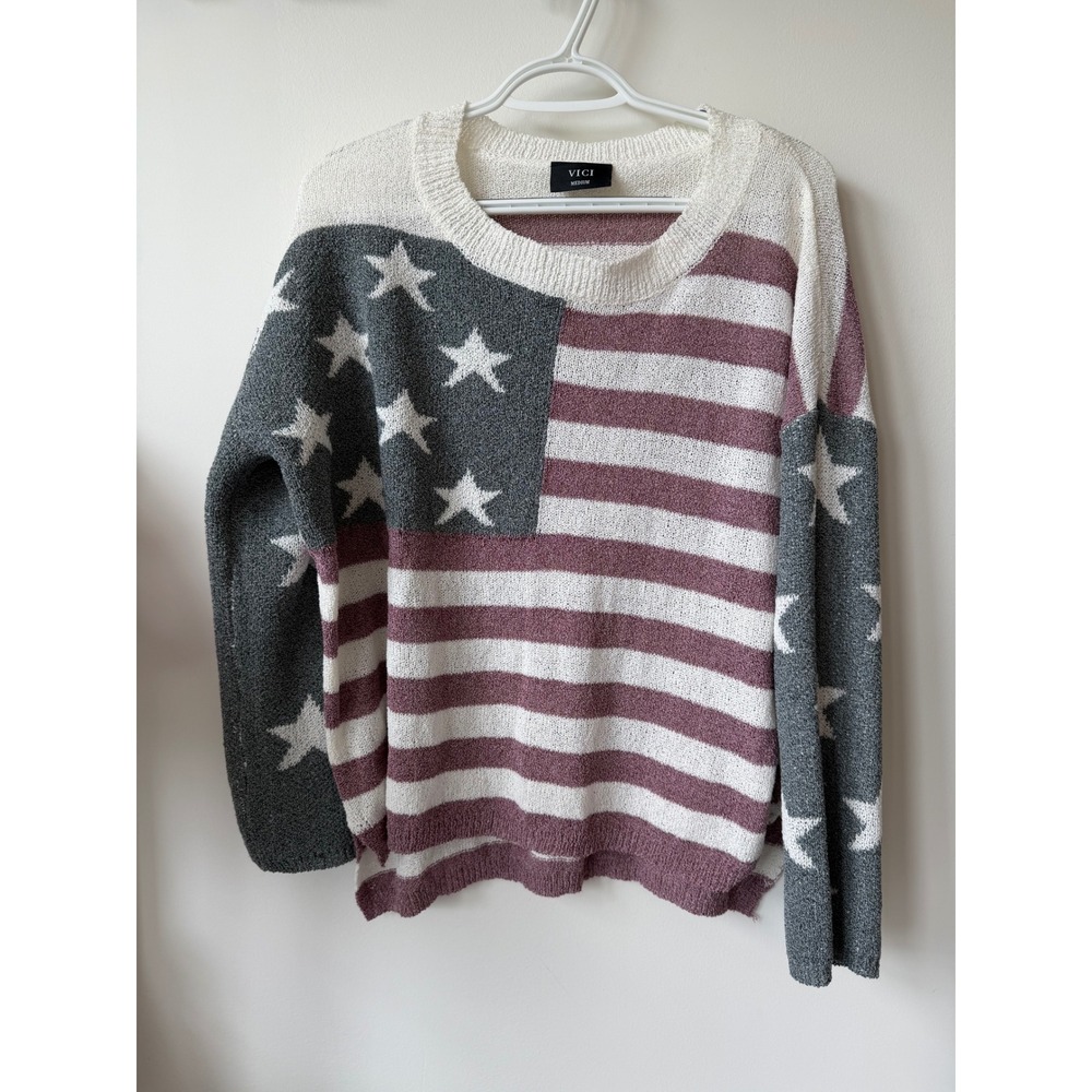 VICI American Flag Sweater Womens Medium Stars and Stripes Knit Pullover Grey
